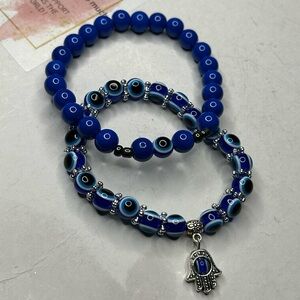 Blue Evil Eye & Hamsa Bracelet Set